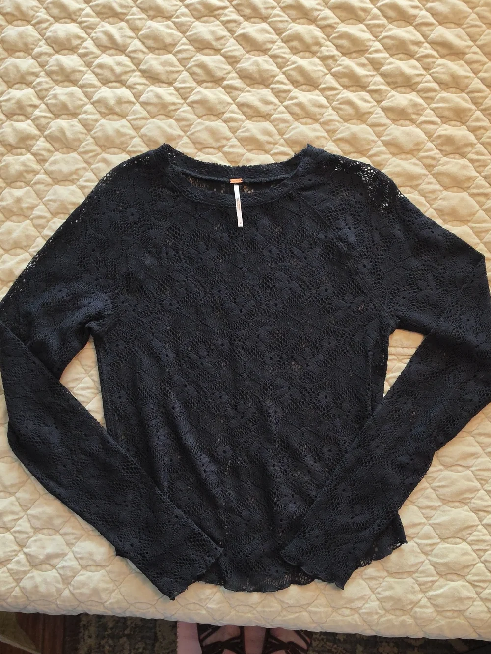 Free People Black Floral Crochet Long Sleeve Top